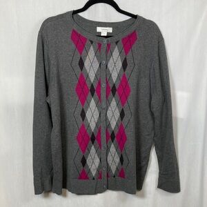 CJ Banks Women's Gray & Plum/Pink Argyle Button-Front Cotton Cardigan Sweater 1X